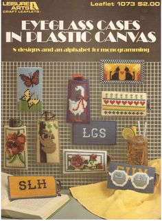 an advertisement for eyeglass cases in plastic canvass, with pictures on the wall