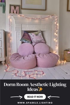 a pink bean bag chair sitting on top of a white floor next to a fireplace