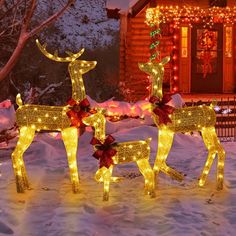 lighted reindeer statues in front of a house