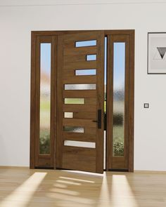 an open wooden door with glass panels on the front and side doors, in a white room