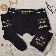 62 Best Wedding Morning Gifts for the Groom - Love & Lavender Groom Gift Box, Gift For The Groom, Mens Boxer Briefs, Box Print, Future Wedding Plans, The Wedding Date, Black Socks, Gold Baby