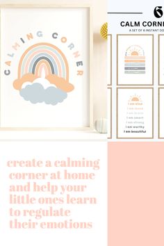 a poster with the words calm corner on it and an image of a rainbow in the background