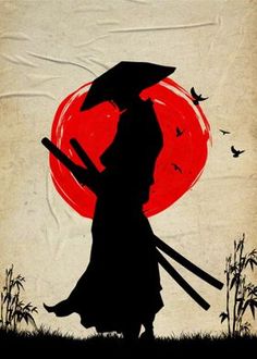 the silhouette of a woman holding an umbrella in front of a red sun with birds flying over her