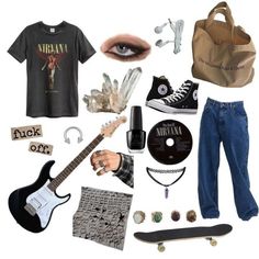 Nirvana Style, Stater Pack, Guitar Outfit, Nirvana Nails, Nirvana Aesthetic, Nirvana Outfit, Nirvana Album, Skate Fashion, Nirvana Shirt