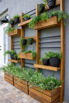 a wooden shelf filled with potted plants on top of a brick floor next to a gray wall