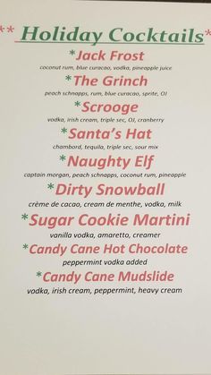 the menu for holiday cocktails at jack frost's in santa cruz, ca