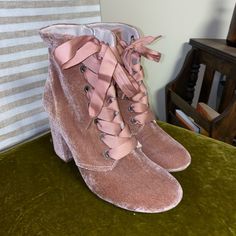 Nwot. Dusty Pink Suede. Ribbon Bow Tie Laces. Never Worn. Spring Fitted Booties With Round Toe, Fitted Spring Booties With Round Toe, Fitted Booties With Round Toe For Spring, Spring Lace-up Fitted Booties, Suede Lace-up Boots For Party In Spring, Spring Party Suede Lace-up Boots, Spring Party Booties With Round Toe, Spring Party Lace-up Suede Boots, Pink Round Toe Booties For Fall