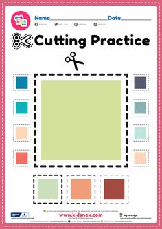 cutting practice sheet with scissors and squares for children to learn how to cut the shapes