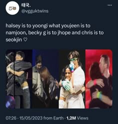 two people hugging each other in front of a screen with the caption halsey is to yong what violent is to namjoon, becky is to those and christ