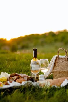 a bottle of wine sitting on top of a grass covered field next to a basket