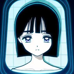 an anime character with long black hair and blue eyes looking at the camera through a mirror