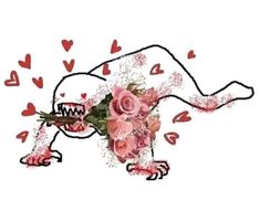 a drawing of a bear with roses and hearts on it's chest, holding a bouquet of flowers