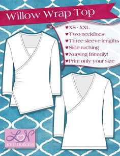 the willow wrap top sewing pattern is shown in white and has an open v - neckline