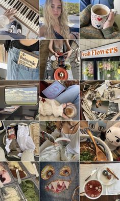 a collage of photos with various items in them and the words fresh flowers written on them