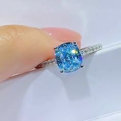 2.60Ct Blue Cushion Cut Simulated CZ Solitaire Proposal Gift 14K White Gold Ring Blue Gemstone Rings, Blue Topaz Gemstone, Birthday Ring, Anniversary Jewelry, Gift Ring, Diamond Solitaire Engagement Ring, Blue Topaz Ring