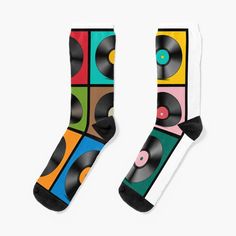 Super soft all-over printed knit socks with extra cushioning in the sole. Suitable for men and women. Vinyl records Multicolor Retro Winter Socks, Casual Multicolor Graphic Print Socks, Vinyl Collage, Knit Socks, Socks For Sale, Knitting Socks, Vinyl Records, Multi Color, Socks