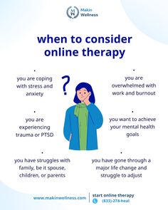 Thinking about online therapy? 🤔  It might be the right choice if you're looking for convenient, and accessible support. Here are some signs it could be a great fit for you.  Start your online therapy journey today and experience transformation, support, and understanding 👇 ☎️ Call (833)-274-HEAL  📧 Email info@makinwellness.com #onlinecounseling #onlinetherapy #anxietytherapy #generalizedanxiety #adhd #ptsdawareness #adjustmentdisorder #majordepressivedisorder Social Skills, Counseling, Pennsylvania, Psychology, Communication, Improve Yourself