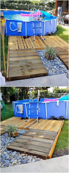 an above ground swimming pool is shown in two different pictures, one with a ladder and the other without