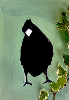 a painting of a black bird sitting on top of a leafy branch in front of a green background