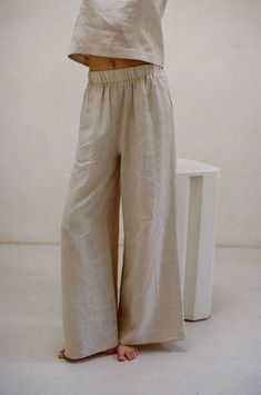 Woven 100% Linen Waist Banded Wide Leg Pants (No Lining)