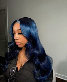 Blue Hair For Black Women, Midnight Blue Wigs For Black Women, Black And Blue Braids, Midnight Blue Wig, Pretty Diary, Blue Lace Front Wig, Lace Fronts