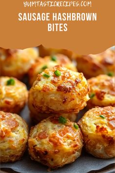 mini sausage hashbrown bites stacked on top of each other with text overlay