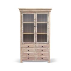 a wooden cabinet with glass doors and drawers