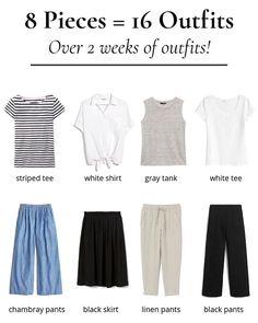 8 Pieces = 16 Outfits: French Minimalist Carry-On Travel Capsule Wardrobe - Classy Yet Trendy 16 Outfits, French Minimalist, Minimalism Fashion, Athleisure Outfits Summer, Fall Travel Outfit, Classy Yet Trendy, Chambray Pants, Fashion Capsule Wardrobe, Travel Capsule