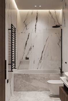 a bathroom with marble walls and flooring in white, black and grey colors is shown