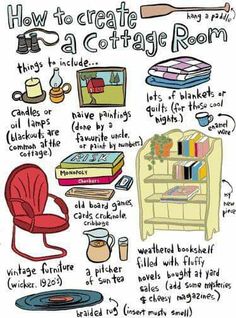 a drawing of how to create a cottage room with lots of things on the table