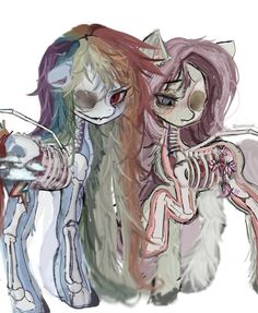 two cartoon characters with different colored hair and skeleton like body parts, one is holding the other's hand