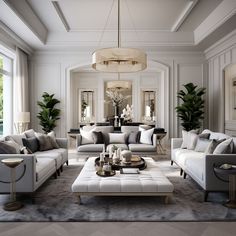 a living room filled with lots of white furniture