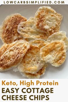 keto, high protein easy cottage cheese chips on a white plate with text overlay