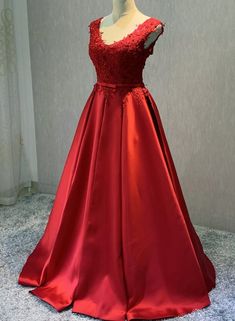 Red Satin V-neckline Floor Length Prom Dress Outfits For Girls Red A-line Satin Dress For Prom, Red Satin A-line Dress, Elegant Red A-line Satin Dress, Satin A-line Ball Gown For Prom Season, Satin A-line Ball Gown For Prom, Sleeveless Satin Ball Gown For Evening, Sleeveless Satin Ball Gown, Prom Satin A-line Evening Dress, Satin A-line Prom Evening Dress