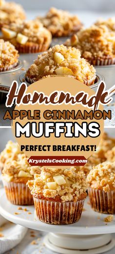 some muffins are sitting on a plate with the words homemade apple cinnamon muffins