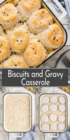 biscuits and gravy casserole in a baking dish with the recipe below