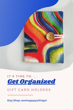 a colorful card holder with a button on the front that says it's time to get organized