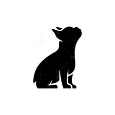 a black and white silhouette of a dog sitting down with its head turned to the side