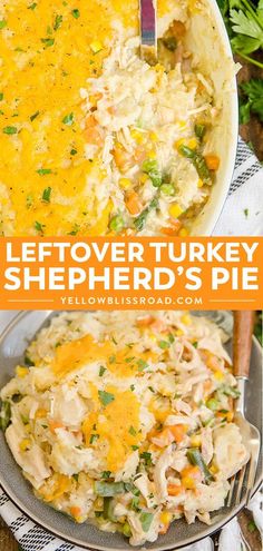 leftover turkey shepherd's pie in a bowl with a serving spoon