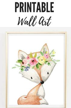 a watercolor fox with flowers on its head and the words printable wall art above it