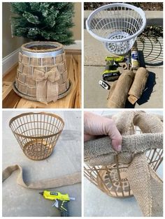 four different pictures showing how to make a basket with burlocks and twine