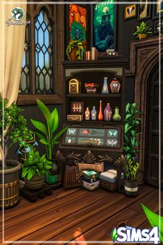 an animated image of a living room with plants and bookshelves on the shelves