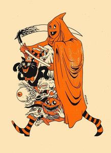 an orange and black drawing of a person dressed up as a pumpkin with other halloween characters