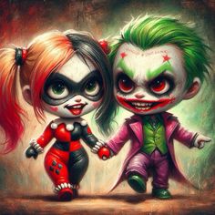 two cartoon characters dressed up as the joker and the catwoman, one with green hair