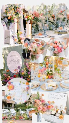 a collage of different pictures with flowers and decorations on them, including plates, napkins, vases, and candles