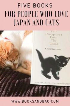 an orange and white cat laying next to a book with the title five books for people who love japan and cats