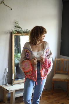 Crochet Granny Square Jacket for Women,boho Cardigan,hippie Style Crochet Cardigan, Oversize Afghan Cardigan - Etsy Crochet Granny Square Jacket, Crochet Cardigan Outfit, Granny Square Jacket, Square Jacket, Crochet Kimono, Hippie Stil, Boho Vest, Estilo Hippy, Boho Cardigan