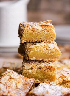 four pieces of cake stacked on top of each other