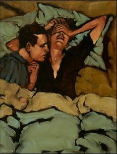 a painting of two people laying in bed with one person touching the other's head