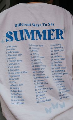 No one summer is the same as another, but they are all perfect to us! No matter how you summer, there is no wrong answer. This tee features bright blue text with a list of all of our favorite ways to say "summer," without actually saying "summer" with sweet blue butterflies sprinkled in. We'd love to see how you summer! Show your friends with this tee! Sophie is 5'2" and is wearing size medium runs true to size - size up for an oversized fit 100% cotton WE ONLY OFFER STORE CREDIT FOR RETURNS! Fe Summer Slogans, Summer To Do List, Bomb Pop, Blue Text, Blue Butterflies, Lady Liberty, One Summer, Summer Tee, Blue Butterfly